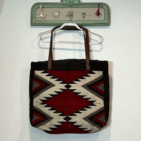 Vintage Navajo blanket bag oversize shoulder tote brown red bone 21”w  18” h - Picture 2 of 11